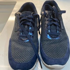 Blue suede and patent tennis shoes
